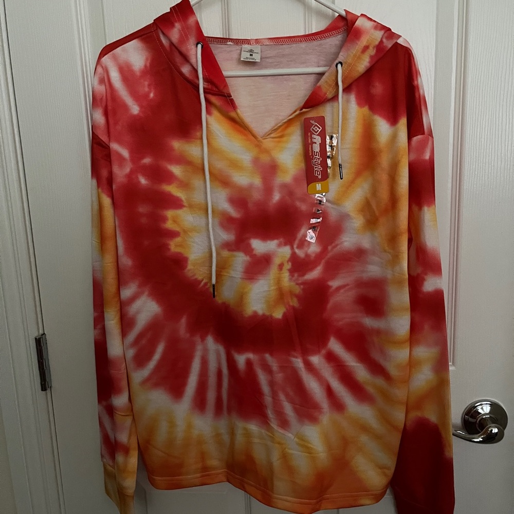 New Frestyle Long Sleeve Tie Dyed Hoodie Orange, Red and Yellow Medium